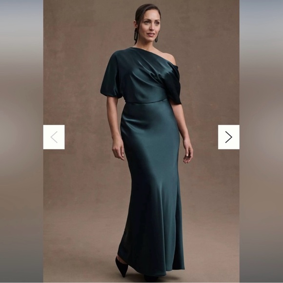 Anthropologie Amsale Pryce Off-Shoulder Satin Column Gown Emerald Green Size 8 - Picture 1 of 5